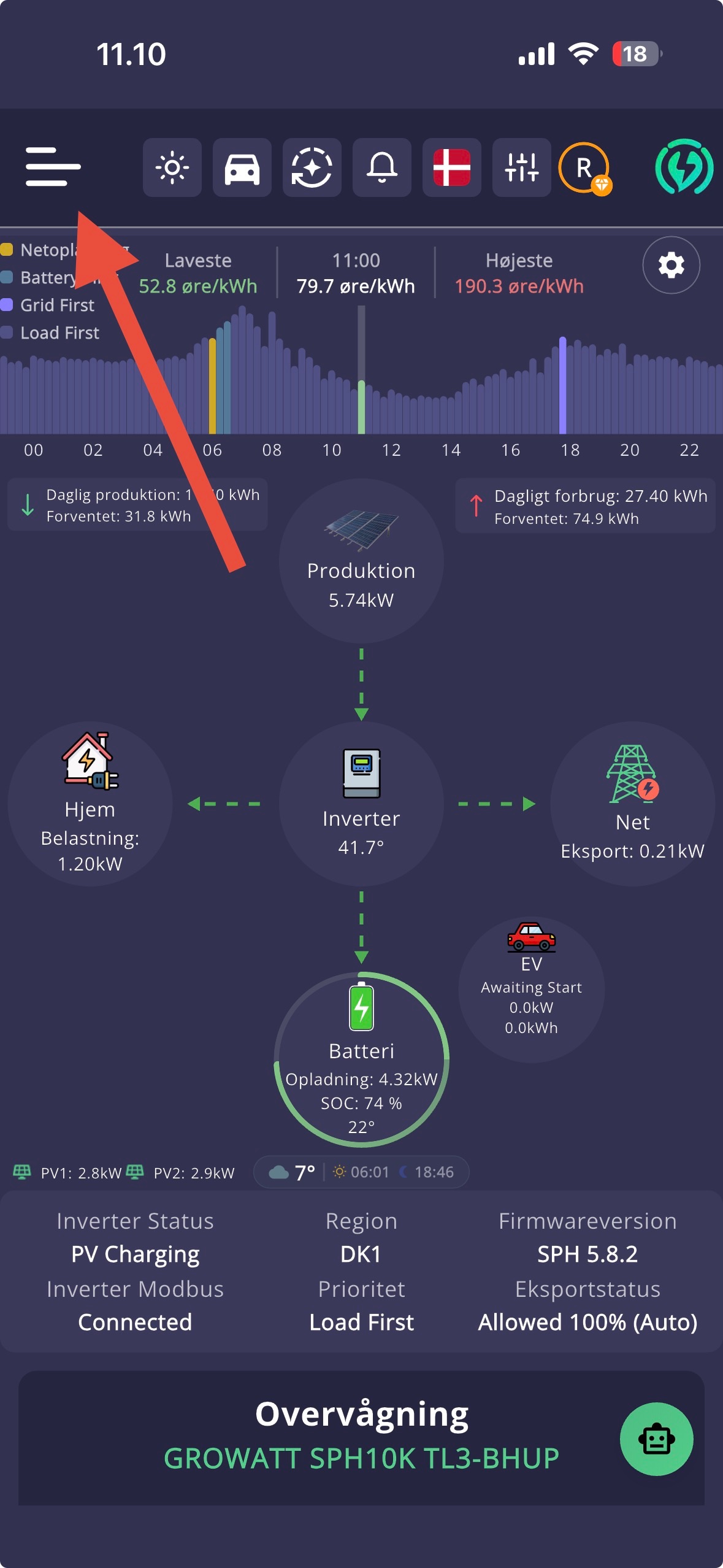 Åbn menuen i SolarSmart appen