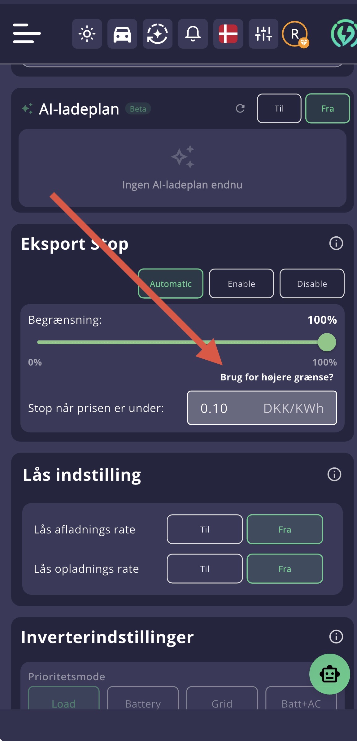 Eksport Stop i SolarSmart appen