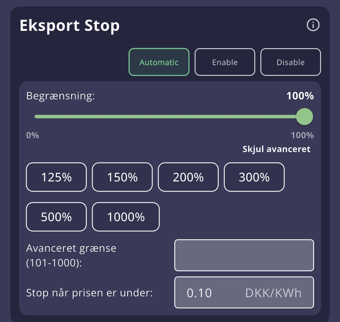 Avanceret eksportgrænse i SolarSmart appen
