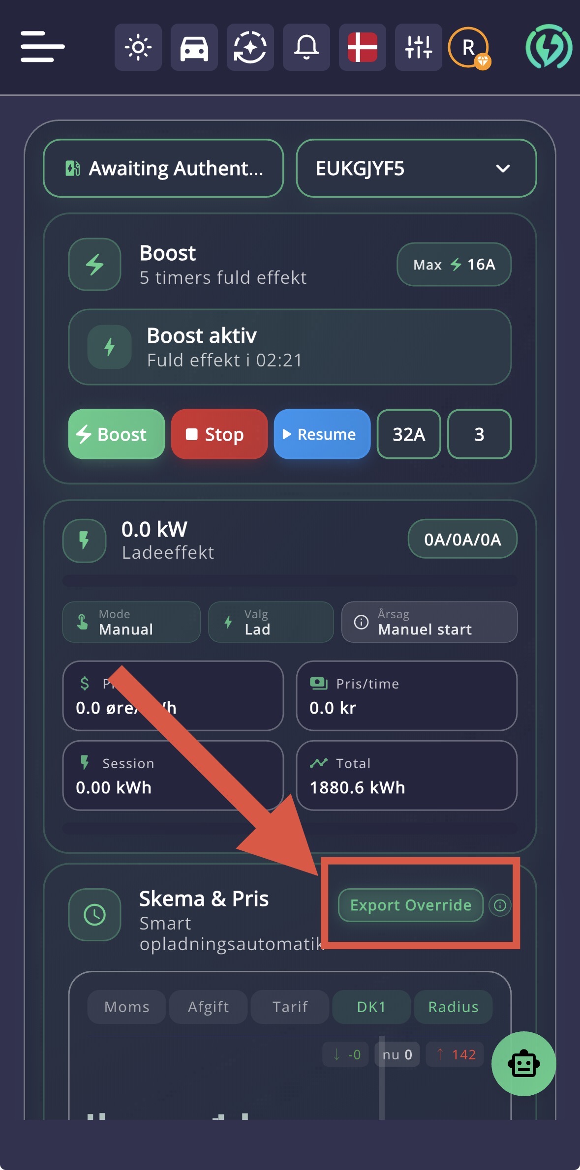 Export Override under bilopladning i SolarSmart appen